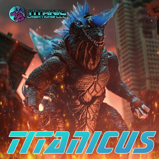 Titanicus Crystal Series figure with glowing blue ice spikes in a burning city, under the Titanicus logo